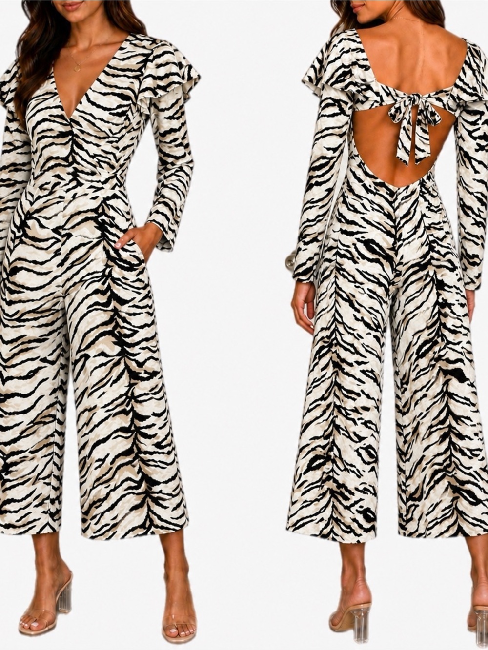 NWT PrettyLittleThing Black & Cream Zebra-Print Open-Back Jumpsuit Women’s Sz 12